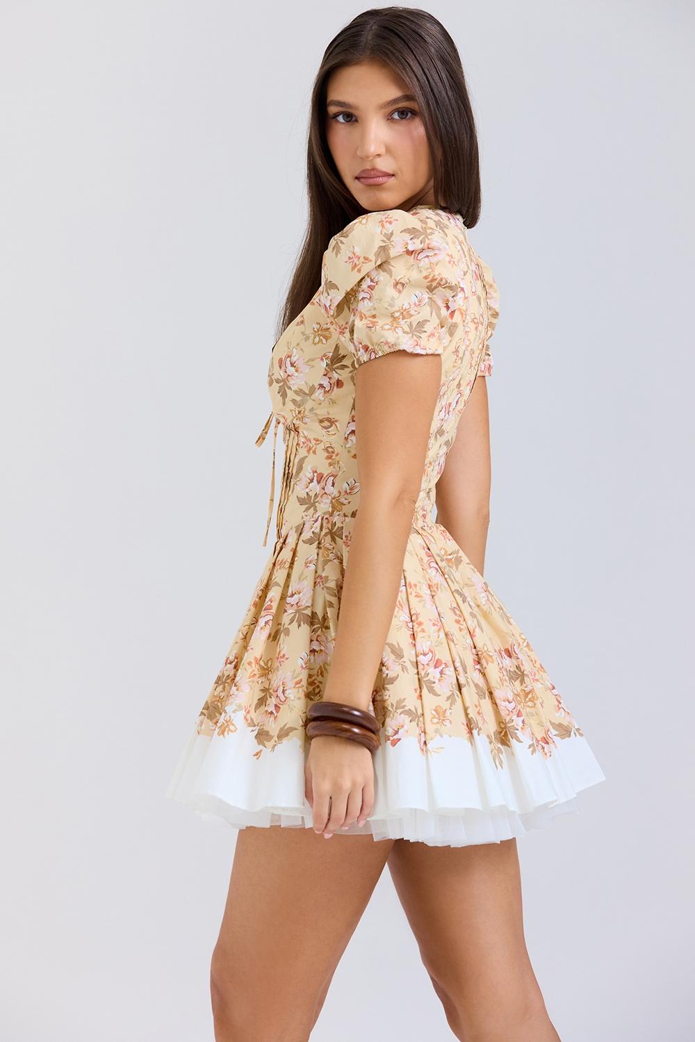 Imani  honeyflower print pleated cotton mini dress Product Image