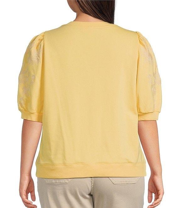 Nurture by Westbound Plus Size Knit Crew Neck Floral Embroidered Elbow Sleeve Top Product Image