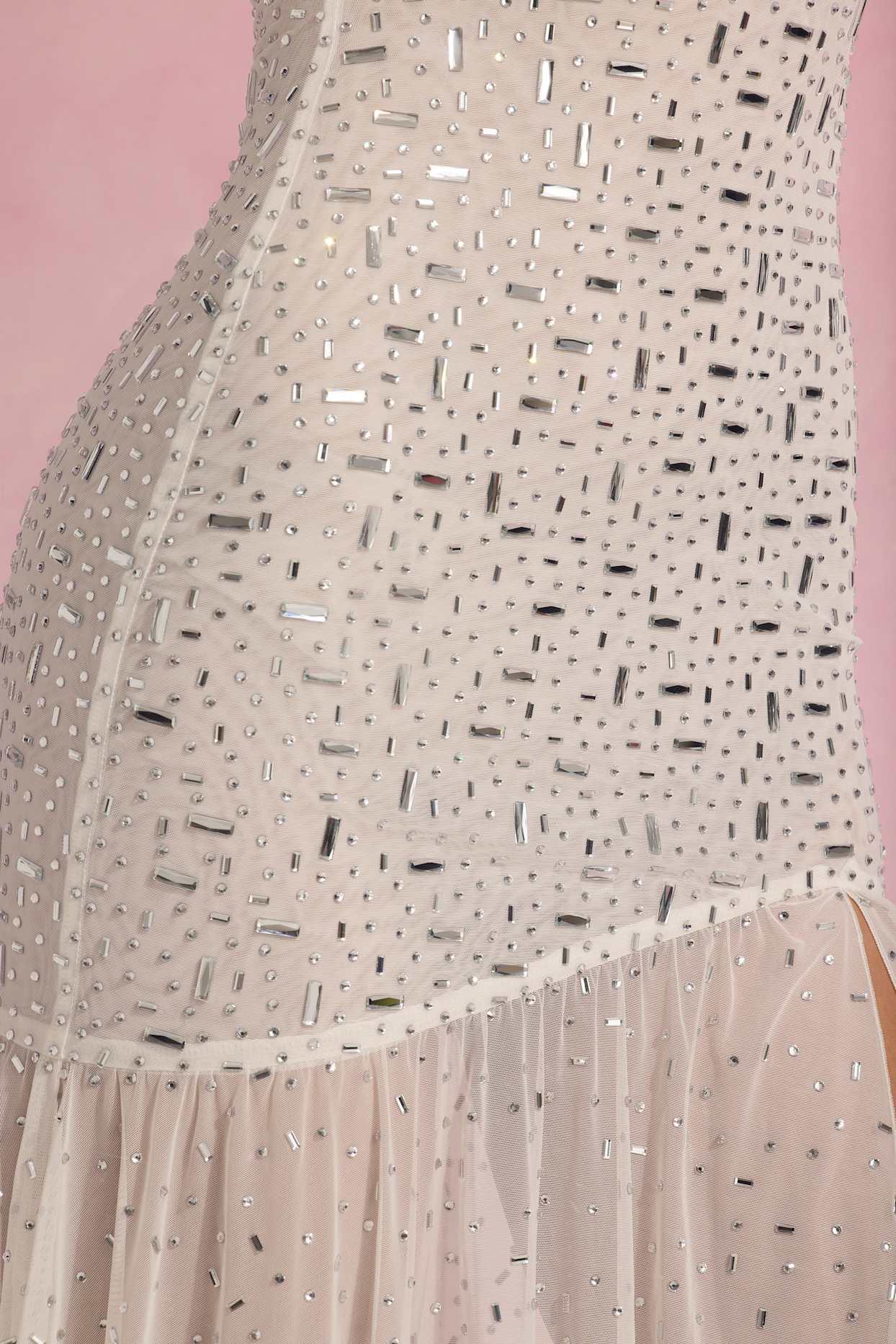 Semi-Sheer Embellished Asymmetric Maxi Dress in White Product Image