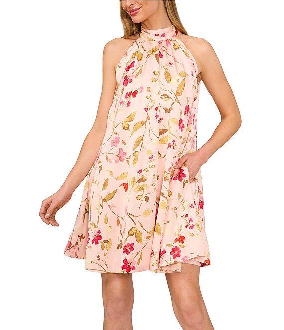 CeCe Charmeuse Floral Print Halter Mock Neck Sleeveless Shift Dress Product Image