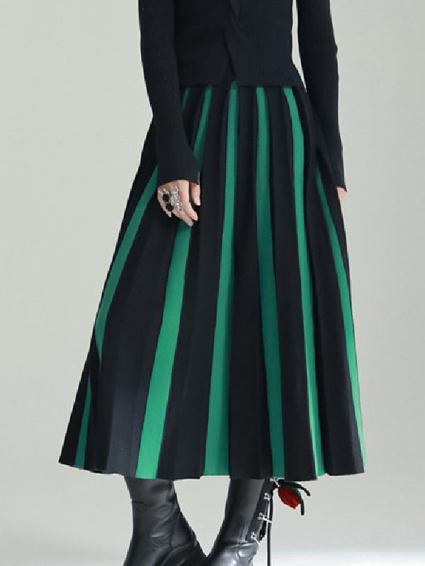 A-Line Loose Contrast Color Pleated Skirts Bottoms Product Image