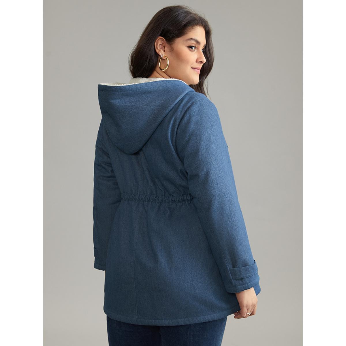 Plus Size Denim Patchwork Fuzzy Trim Drawstring Hooded Coat Women LightBlue Casual Contrast Ladies Dailywear Winter Coats BloomChic 14-16/1X Product Image