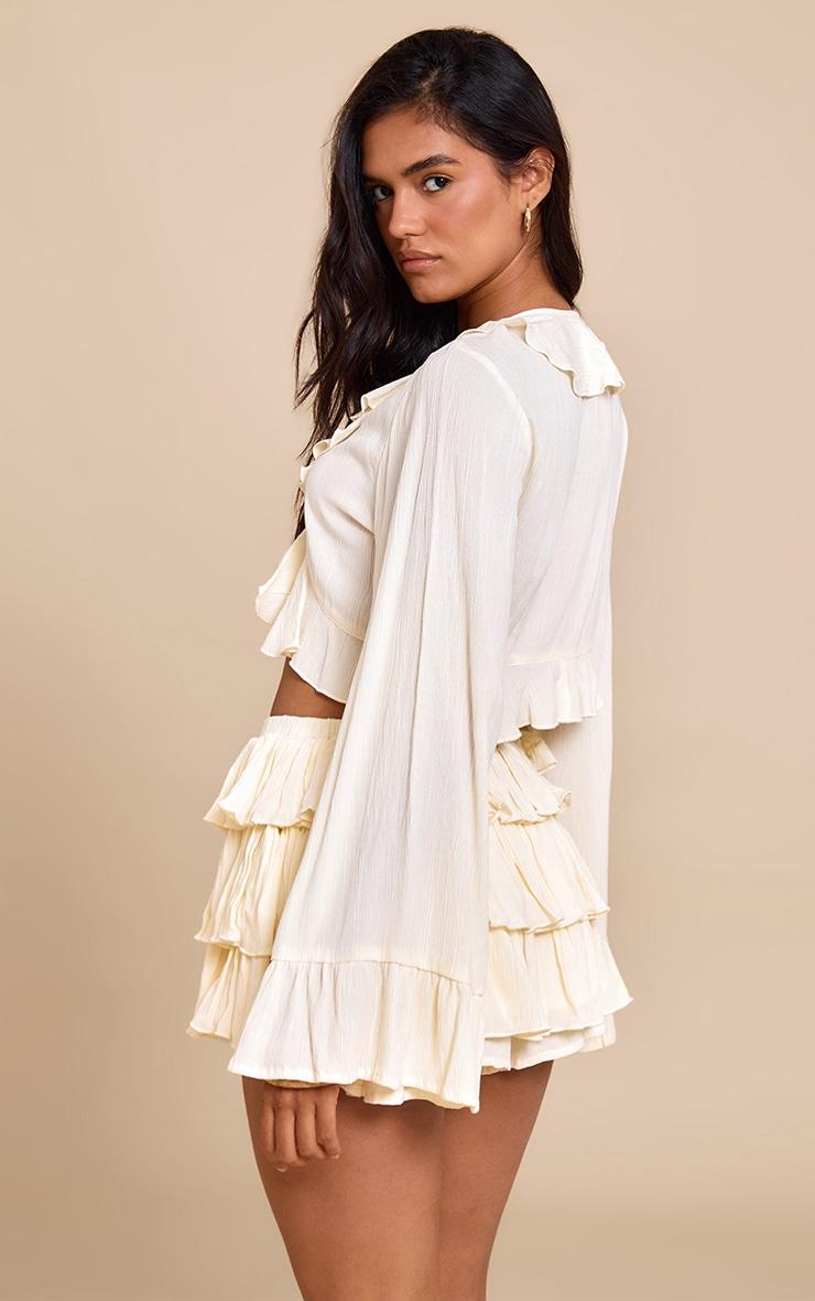  Butter Yellow Cheesecloth Ruffle Tie Front Long Sleeve Top Product Image