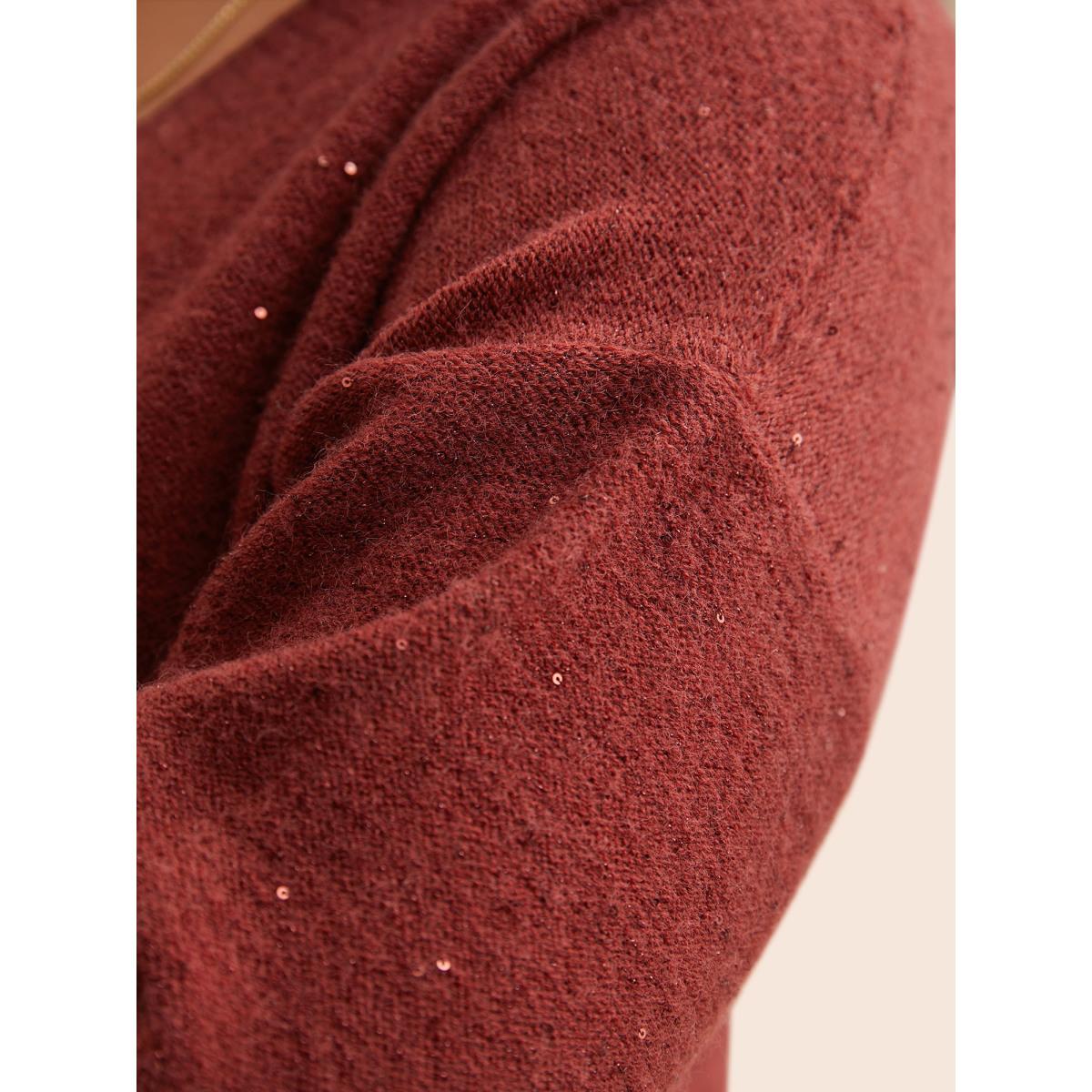Plus Size V Neck Glitter Dropped Shoulder Split Hem Pullover Deepred Women Casual Loose Long Sleeve V-neck Everyday Pullovers BloomChic 14-16/1X Product Image