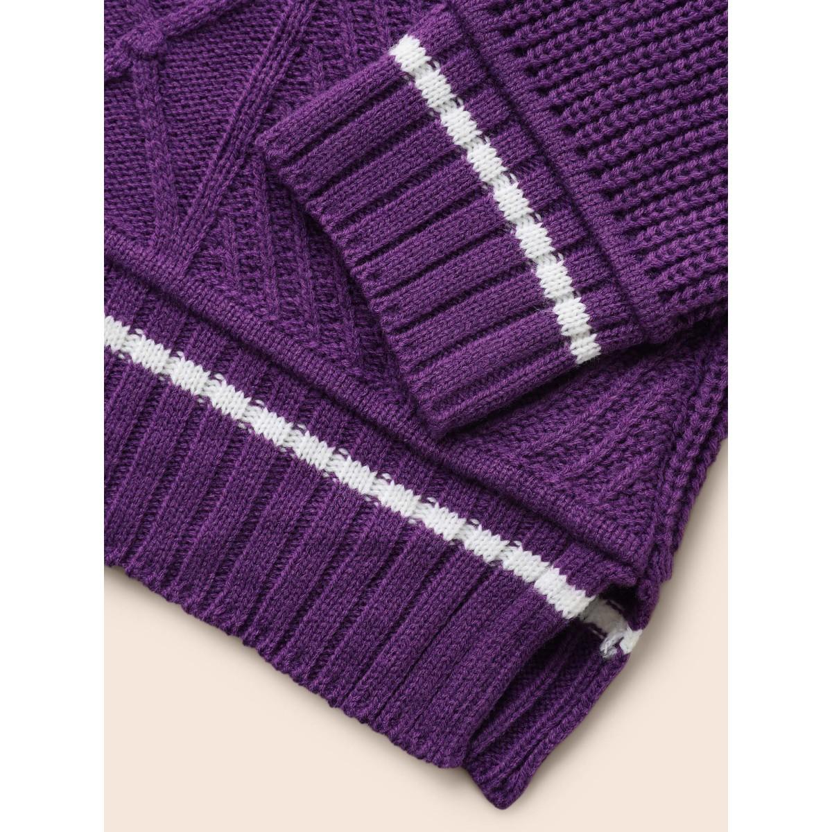 Plus Size Contrast Trim V Neck Texture Pullover DarkViolet Women Casual Loose Long Sleeve V-neck Everyday Pullovers BloomChic 14-16/1X Product Image