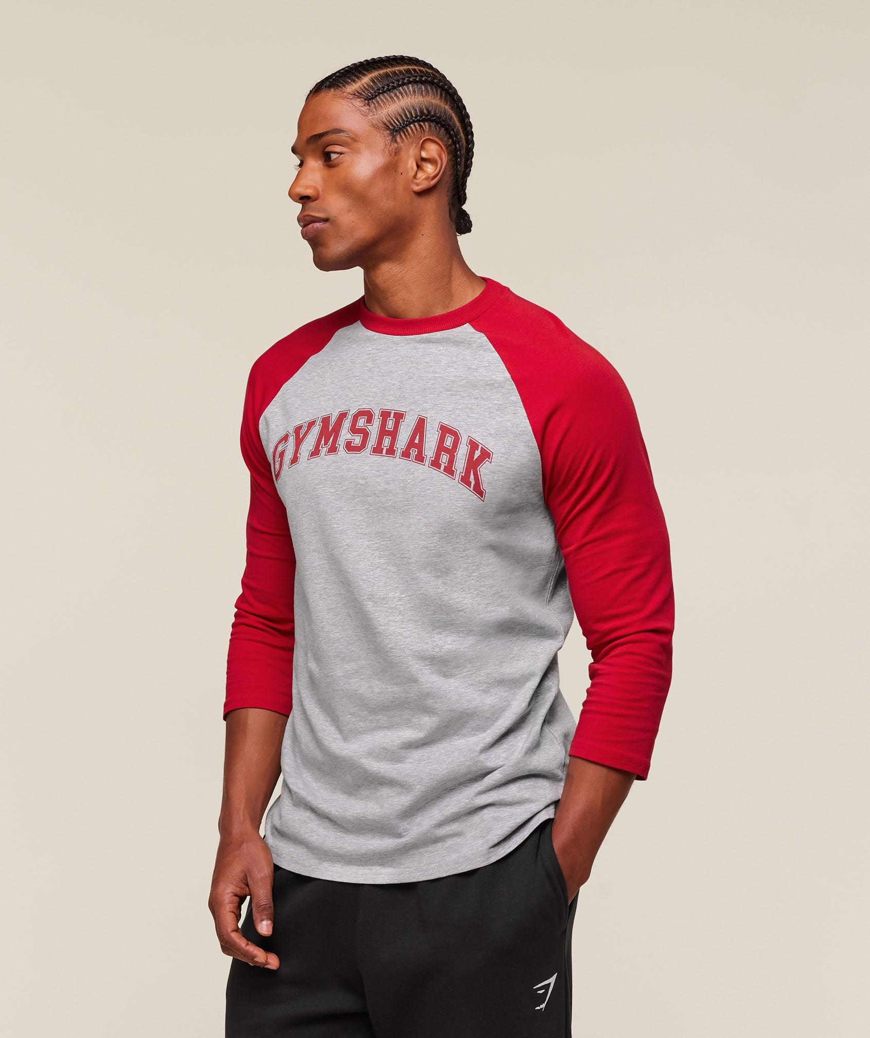 Gymshark GSLC Raglan 3/4 Sleeve T-Shirt - Light Grey Core Marl/Conditioning Red Male Product Image