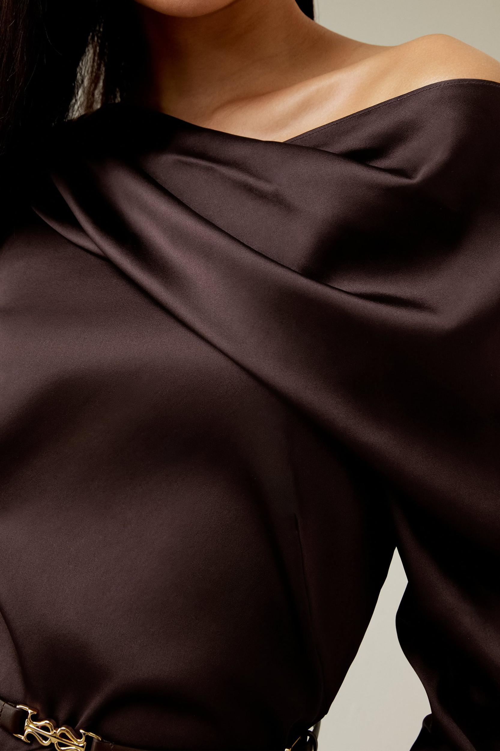 Off-Shoulder Ruched Midi Silk Dress Product Image