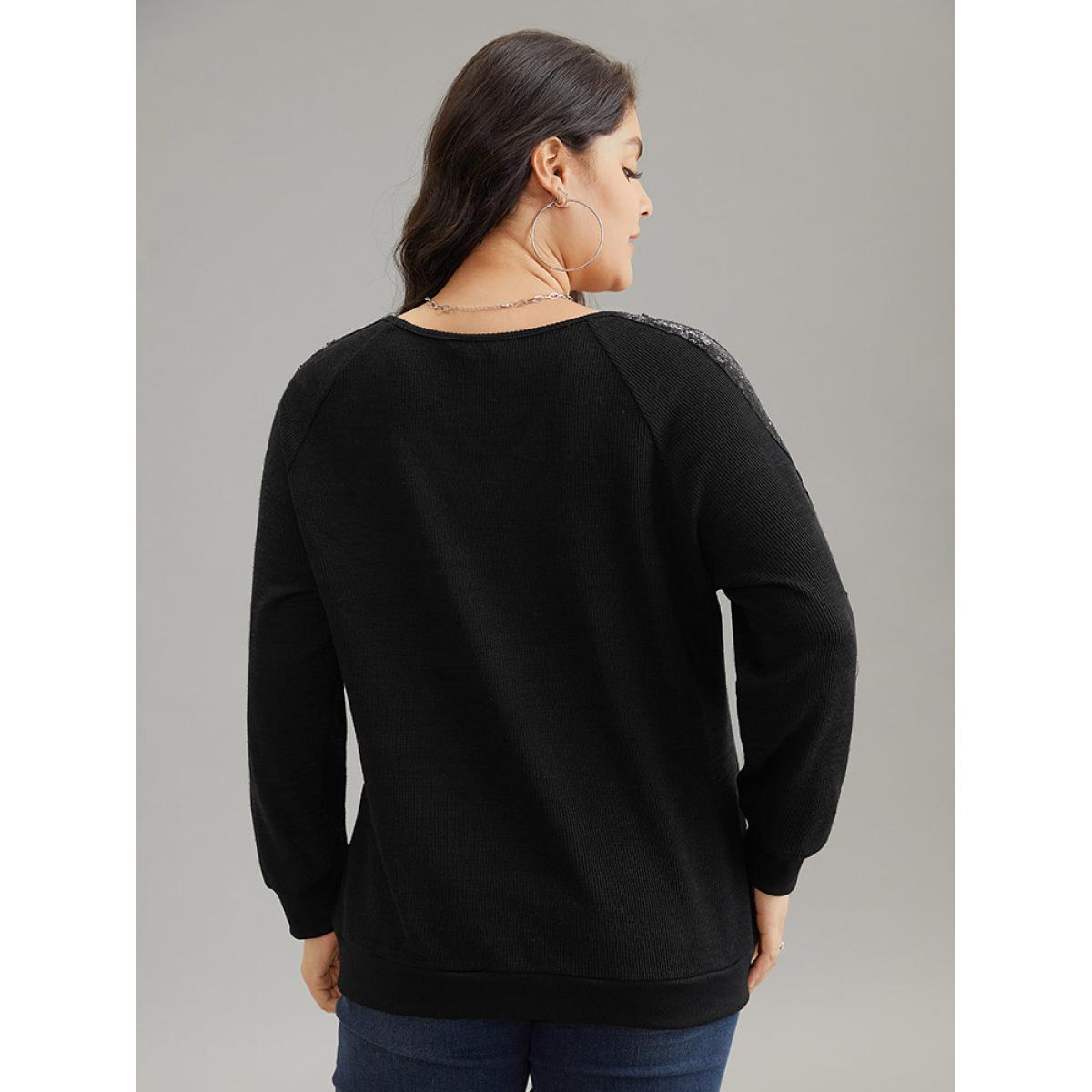 Plus Size Sequin Patchwork Raglan Sleeve Plisse Sweatshirt Women Black Casual Rib Knit V-neck Dailywear Sweatshirts BloomChic 28/5X Product Image