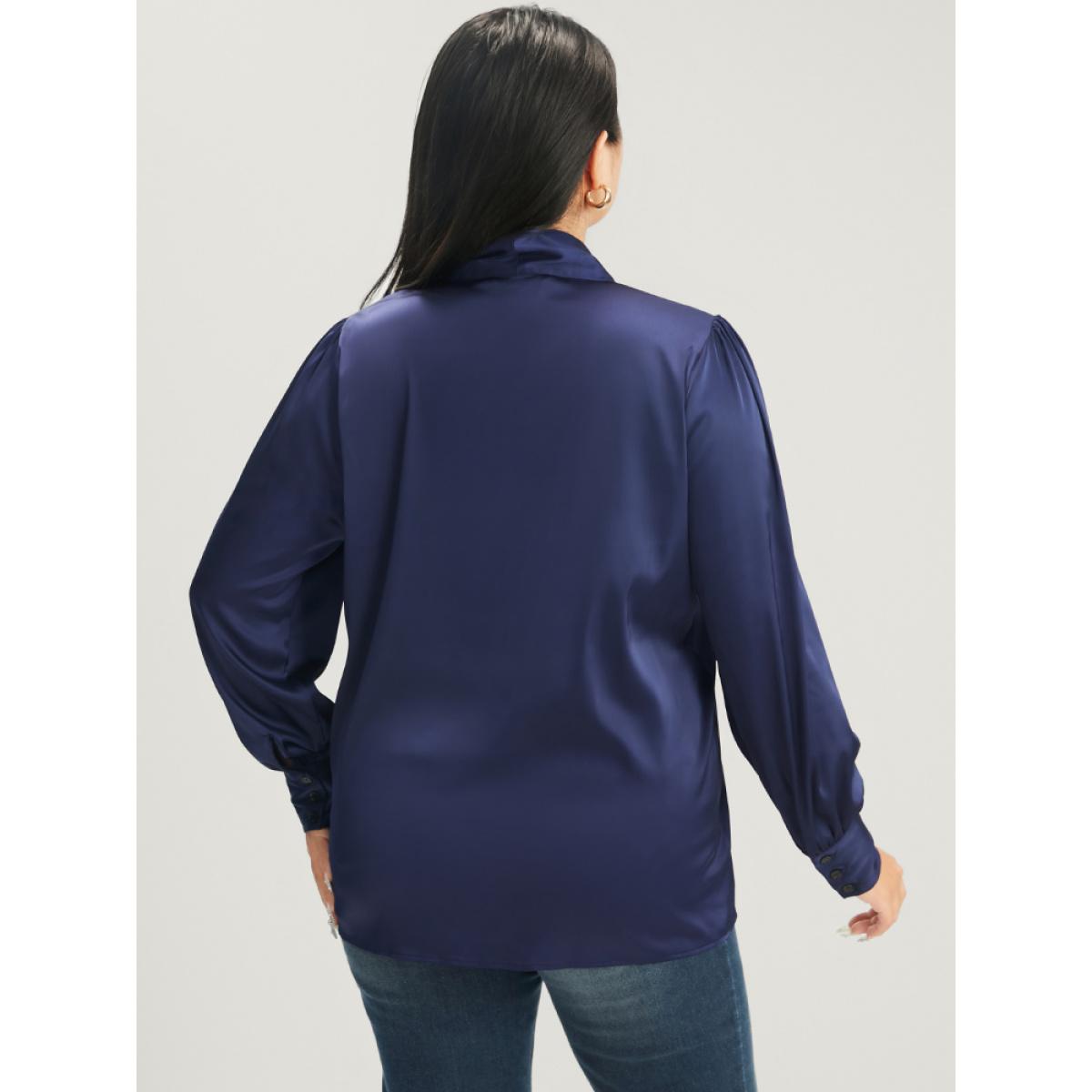 Plus Size Indigo Solid Knotted V Neck Satin Blouse Women Office Long Sleeve Tie Neck Office Blouses BloomChic 12/L Product Image
