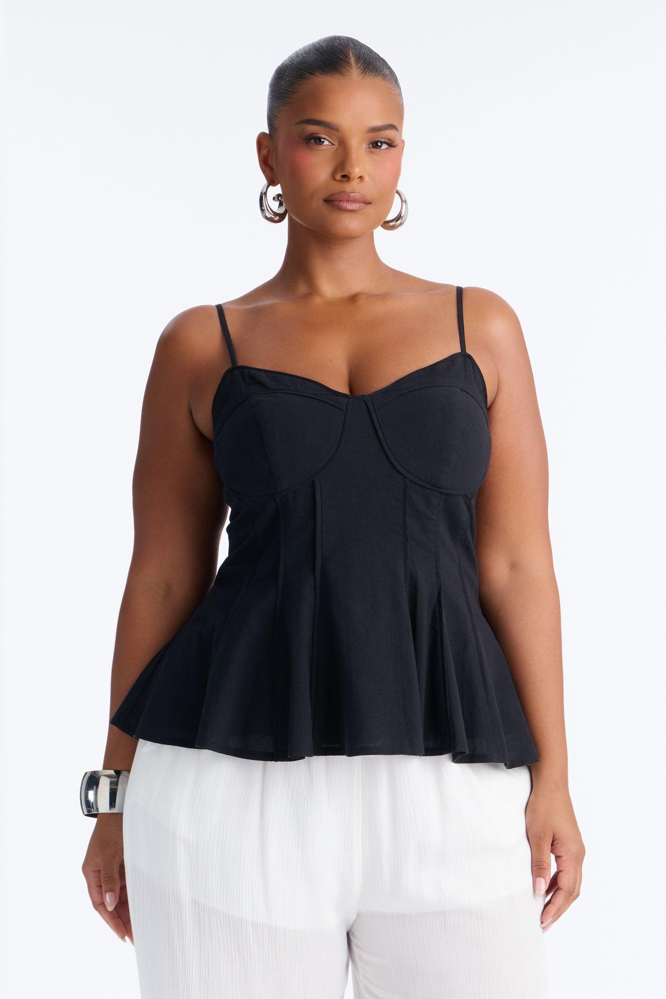 Pretty Please Peplum Linen Babydoll Top - Black Female Product Image