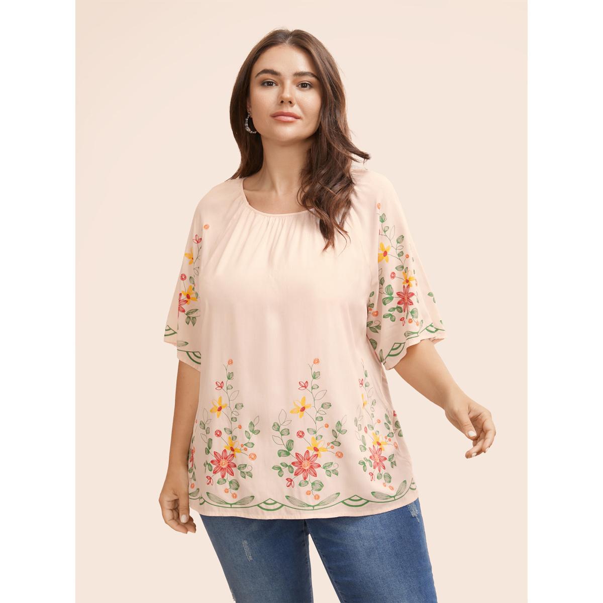 Plus Size Beige Boho Print Gathered Ruffle Sleeve Blouse Women Elegant Half Sleeve Round Neck Everyday Blouses BloomChic 10/M Product Image