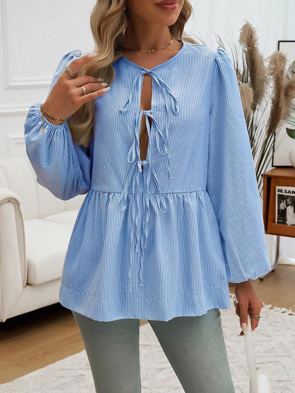 Long Sleeves Loose Elasticity Pleated Striped Tied Round-Neck Blouses&Shirts Tops Product Image