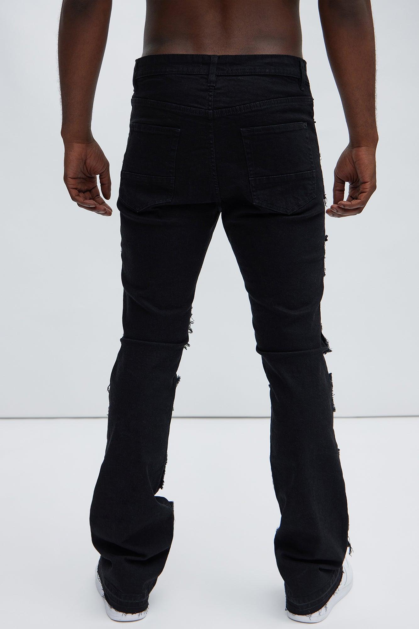 Patch Ripped Stacked Skinny Flare Jeans - Black Product Image