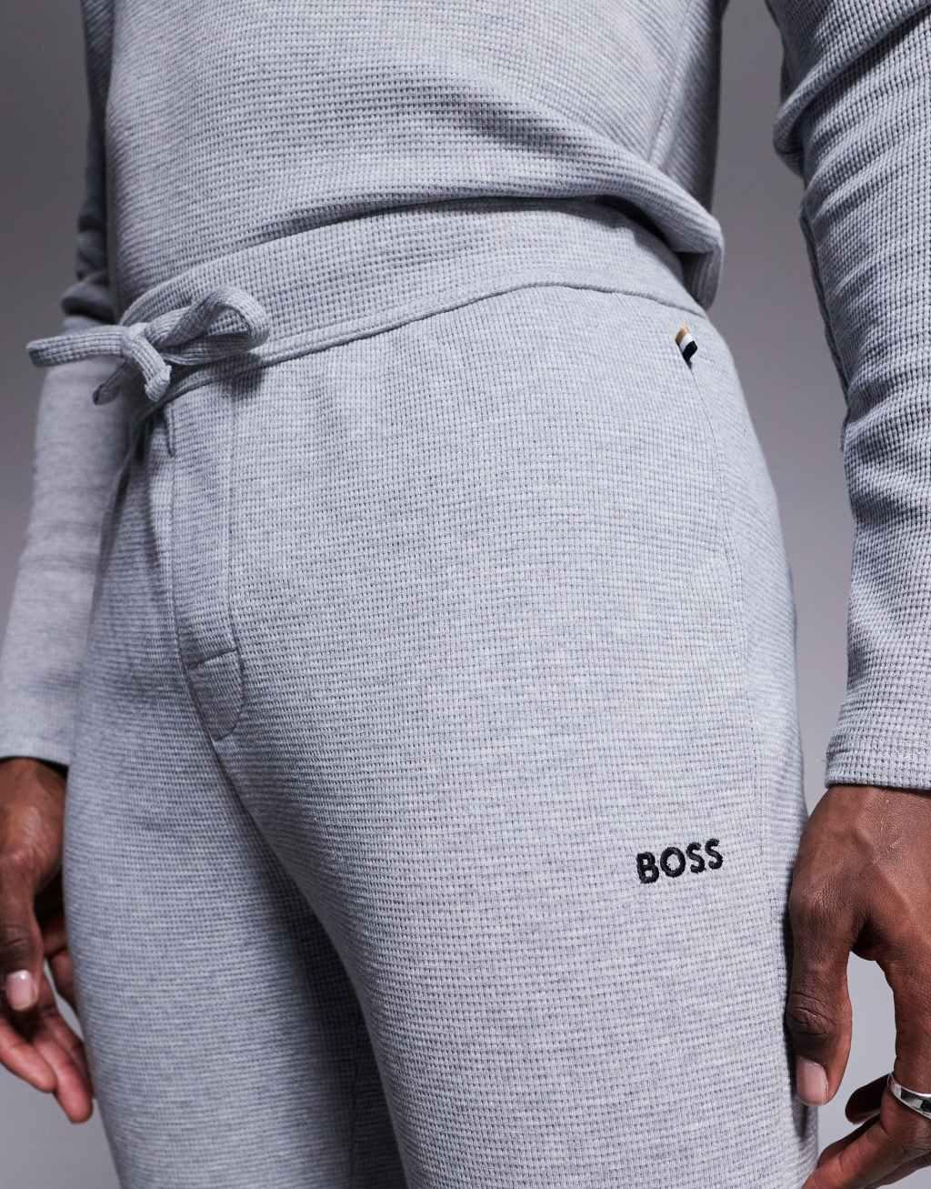BOSS Bodywear Waffle logo cuffed sweatpants in gray - part of a set Product Image