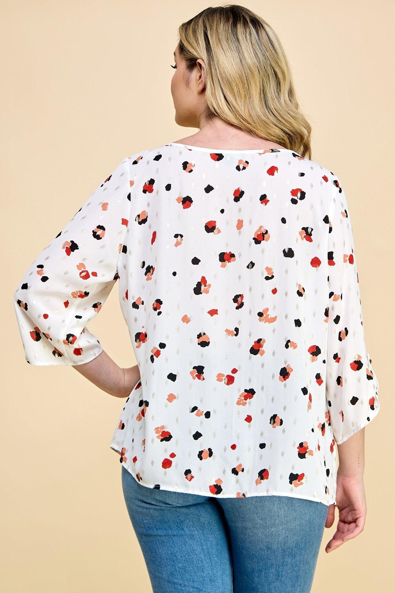 3/4 Button Cuff Sleeve 3 Button V-Neck Smock Shoulder Popover Lined Bubble Blouse - Plus Product Image