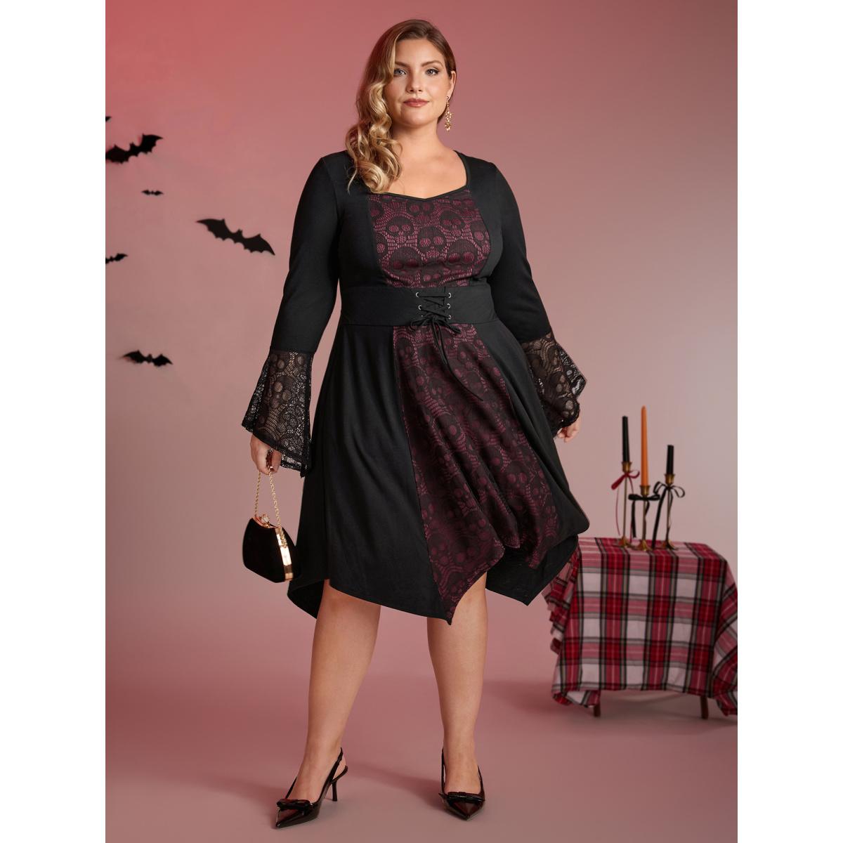 Plus Size Skull Wide-Waist Tie Contrast Midi Dress Black Women Playful Party Curvy Bloomchic 22-24/3X Product Image