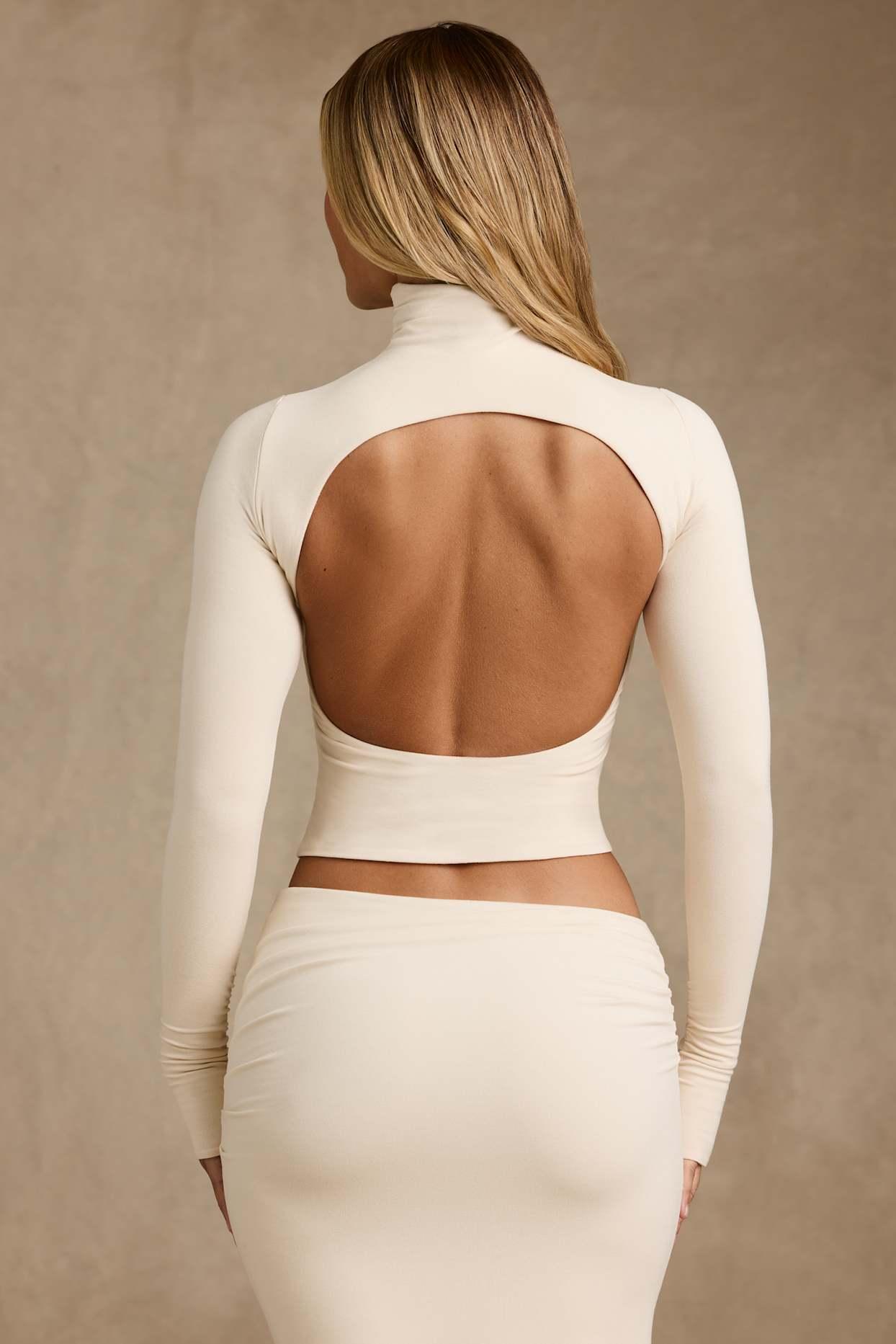 Modal Ruched Backless Turtleneck Top in Ivory Product Image