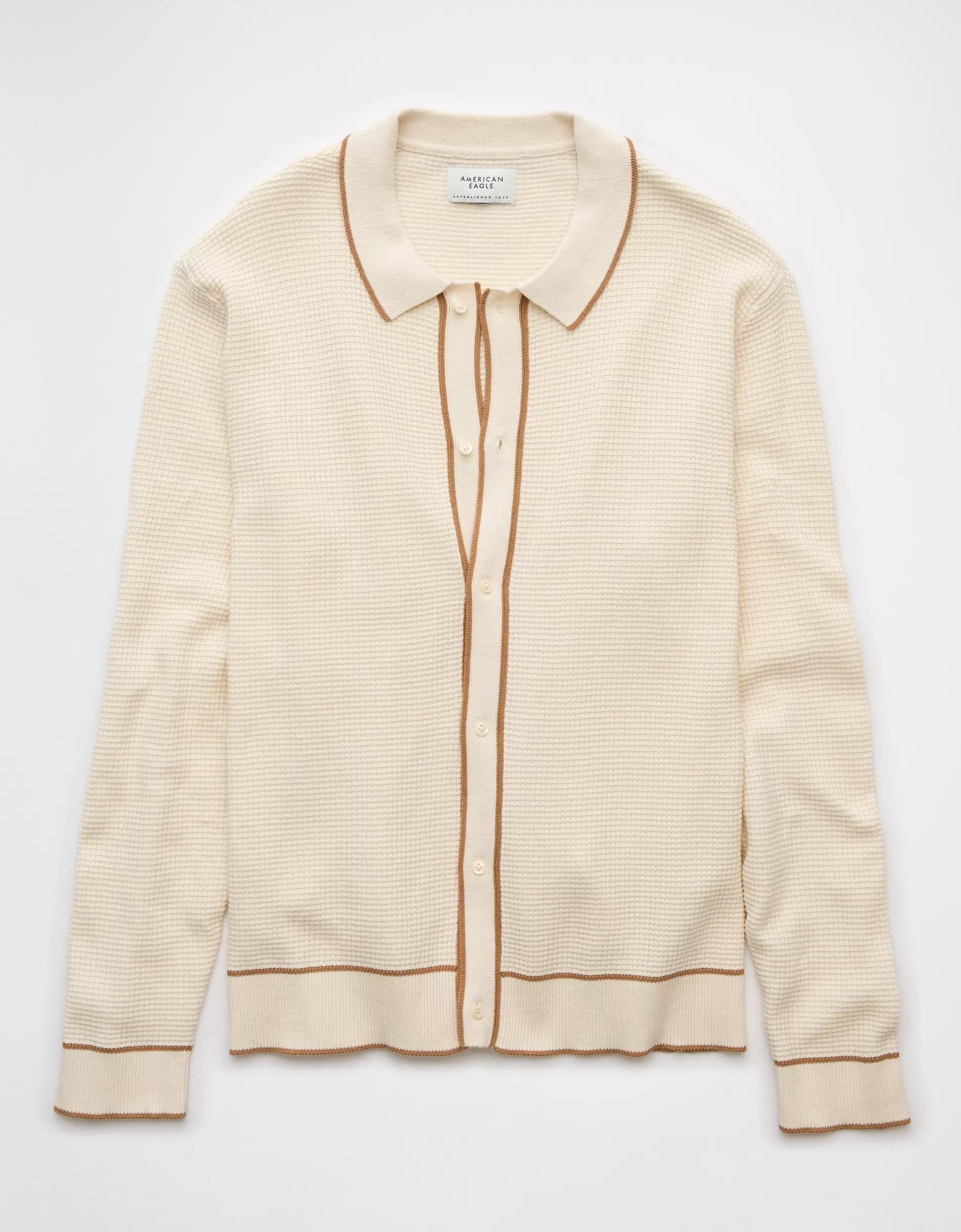 AE Long-Sleeve Tipped Waffle Sweater Polo Shirt Product Image