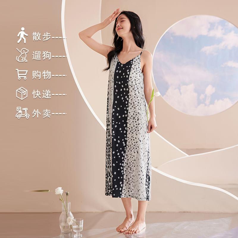 Spaghetti Strap Padded Printed Panel Midi Pajama Dress Product Image