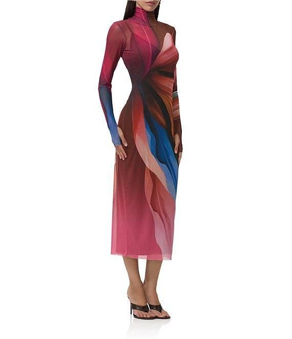 AFRM Shailene Lotus Leaf Print Turtleneck Long Sleeve Mesh Midi Dress Product Image