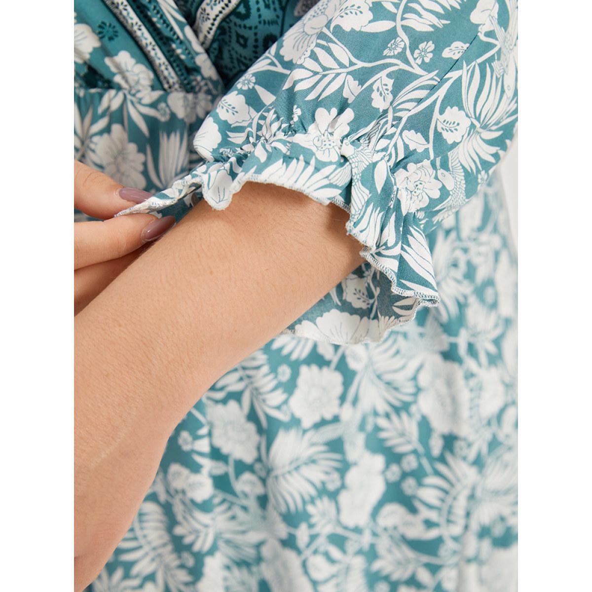 Plus Size Floral Print Pocket Surplice Neck Ruffle Trim Dress Turquoise Women Vacation Elastic cuffs V-neck Elbow-length sleeve Curvy Midi Dress BloomChic 14-16/1X Product Image