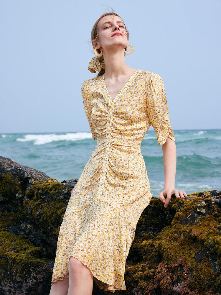 Pleated Fishtail Floral Midi Printed Dress Product Image