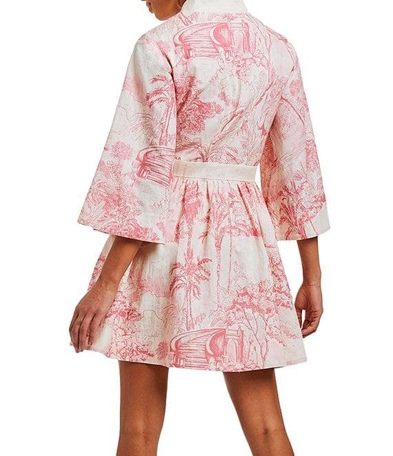 Mestiza New York Carmen Toile Print Button Up Mandarin Collar Butterfly 3/4 Sleeve Bow Tie Waist Mini A-Line Dress Product Image