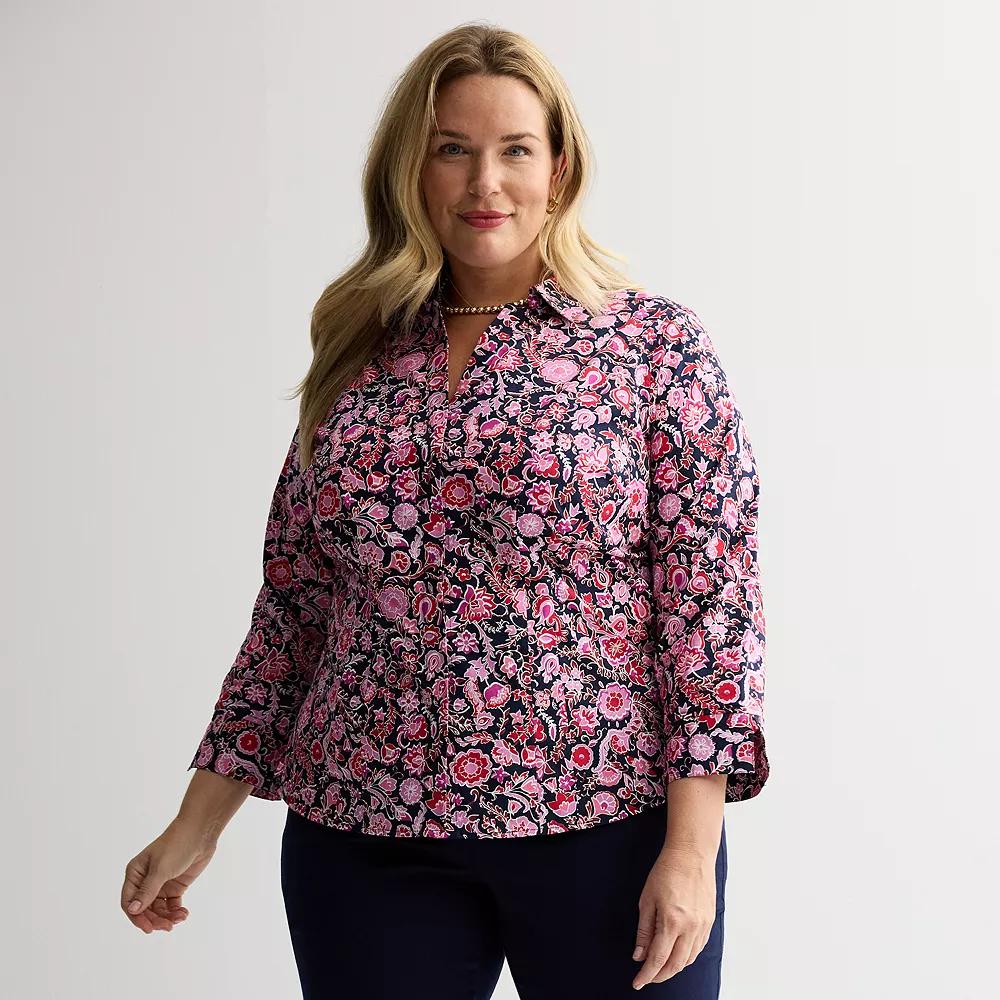 Plus Size Croft & Barrow® Tailored Button Front Shirt, Women's, Size: 1XL, Blue Red Floral Vine Product Image