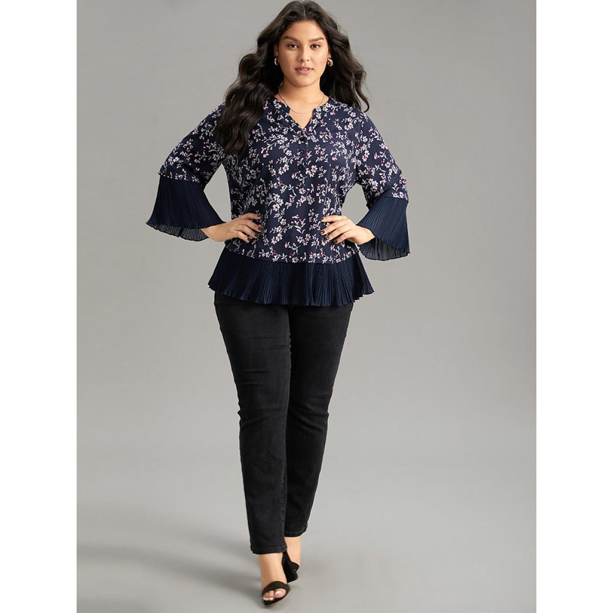 Plus Size Indigo Ditsy Floral Pleated Cuffs Patchwork Blouse Women Elegant Elbow-length sleeve V-neck Dailywear Blouses BloomChic 12/L Product Image