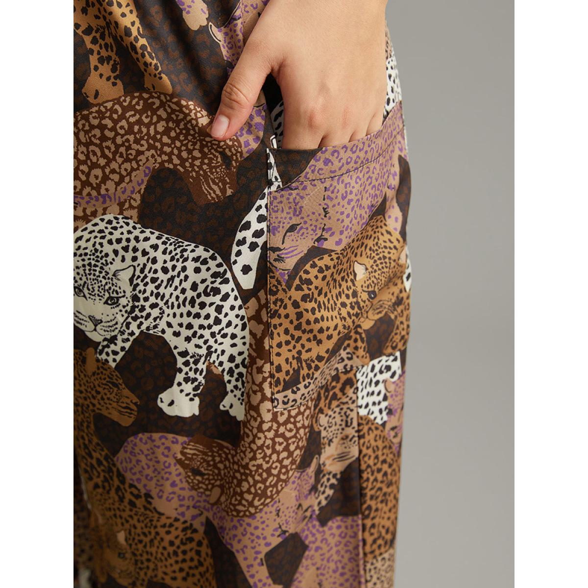 Plus Size Leopard Print Elastic Waist Straight Leg Pants Women Multicolor Casual Wide Leg High Rise Dailywear Pants BloomChic 22-24/3X Product Image