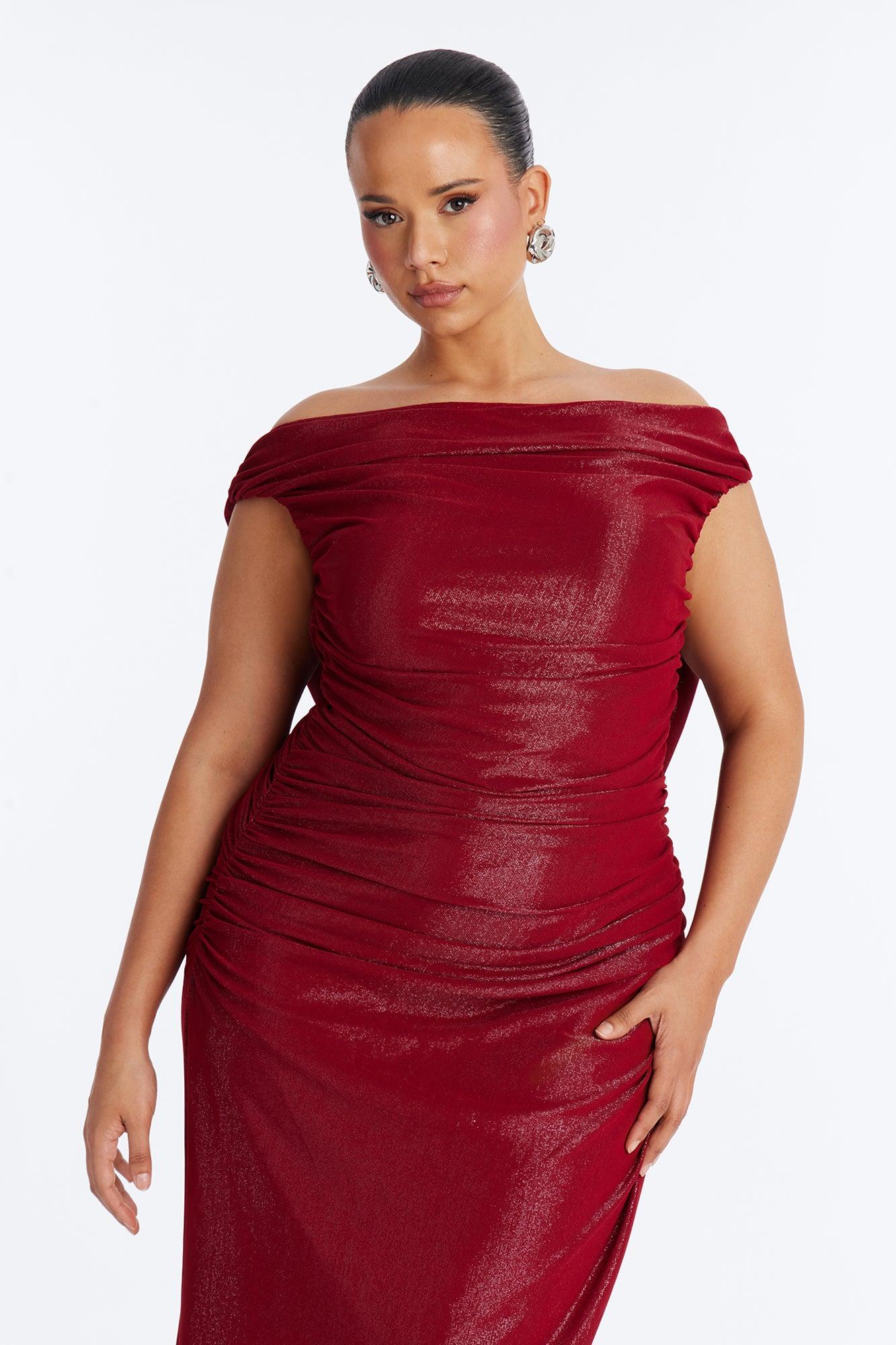 Janelle Hooded Metallic Maxi Dress - Red Female Product Image