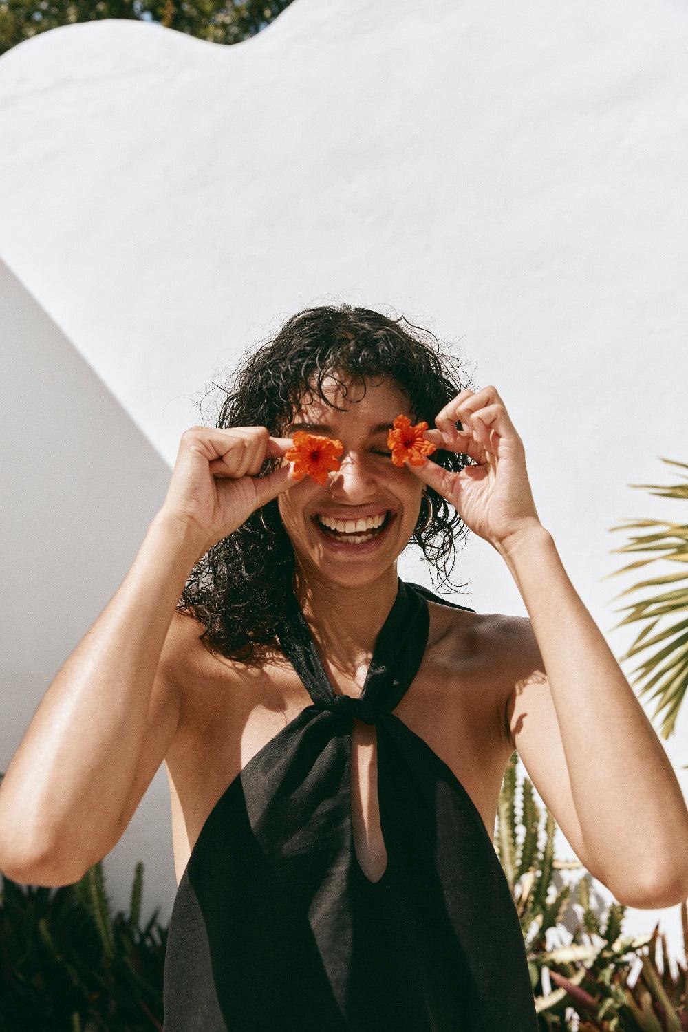 Natassia Linen Halter Mini Dress Black Product Image