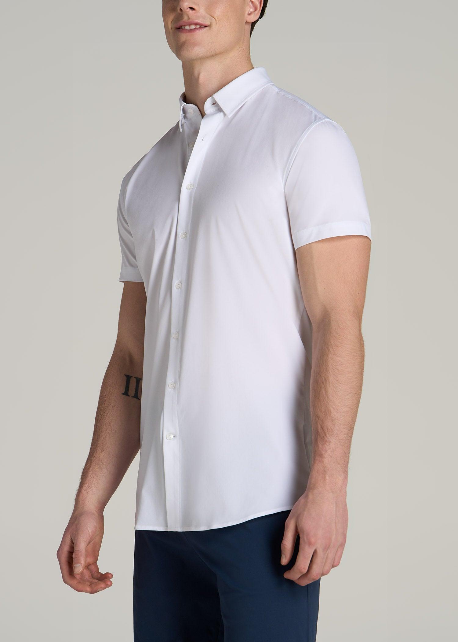 Short Sleeve Traveler Stretch Button Shirt for Tall Men in Bright White Male Product Image