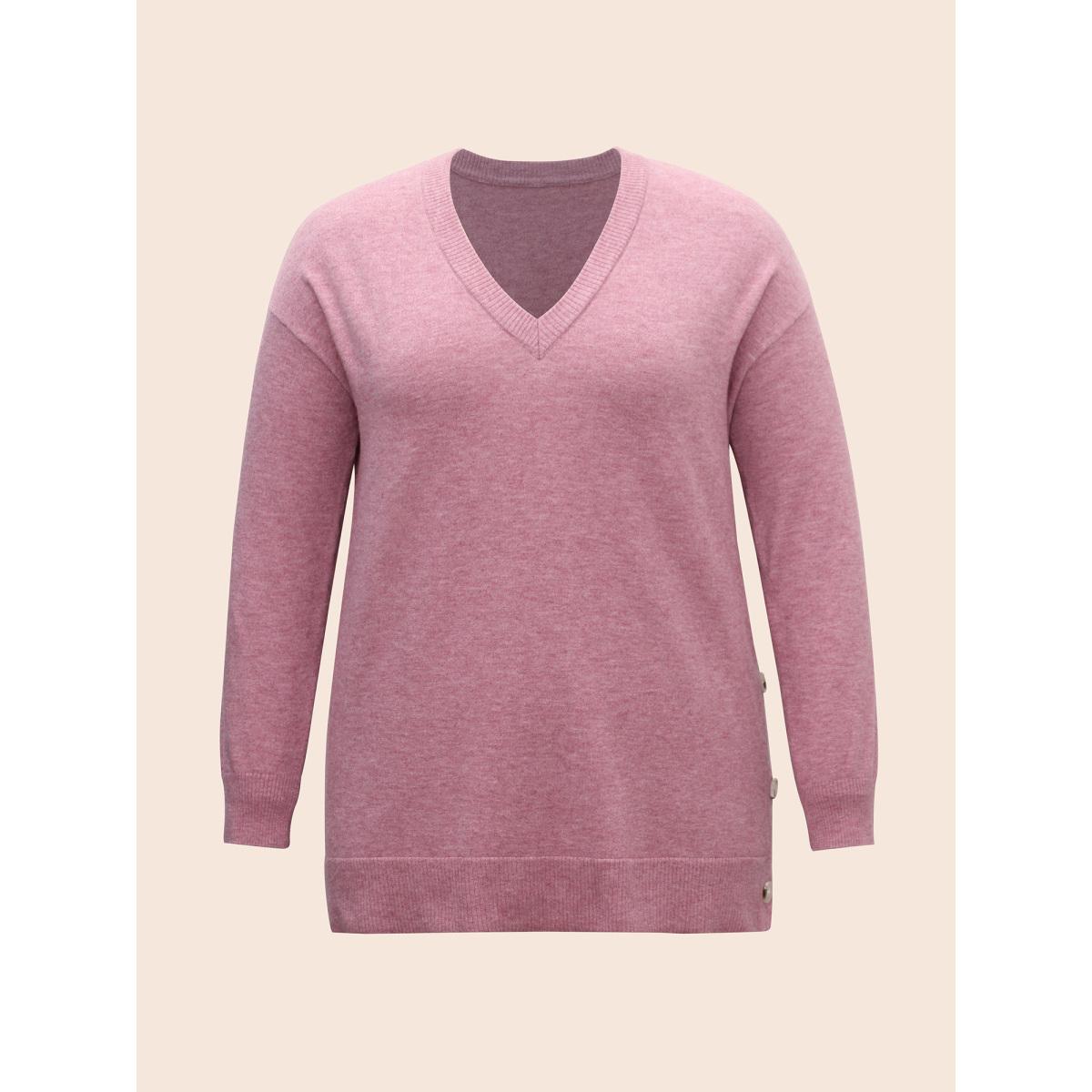Plus Size Supersoft Essentials Button Slit Hem Pullover DustyPink Women Casual Long Sleeve V-neck Everyday Pullovers BloomChic 22-24/3X Product Image