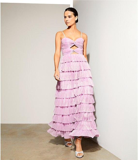 Gianni Bini Grace Metallic Plisse Sweetheart Neck Cut-Out Tiered Dress Product Image