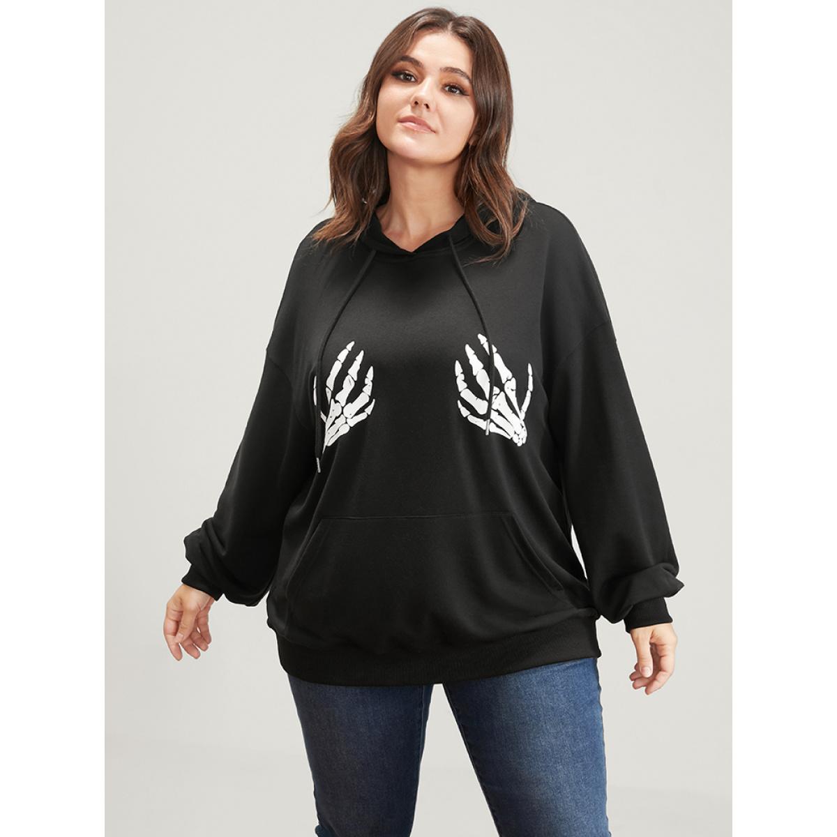 Plus Size Halloween Skeleton Hand Print Pocket Drawstring Hooded Sweatshirt Women Black Casual Pocket Loose Hooded Dailywear Sweatshirts BloomChic 28/5X Product Image