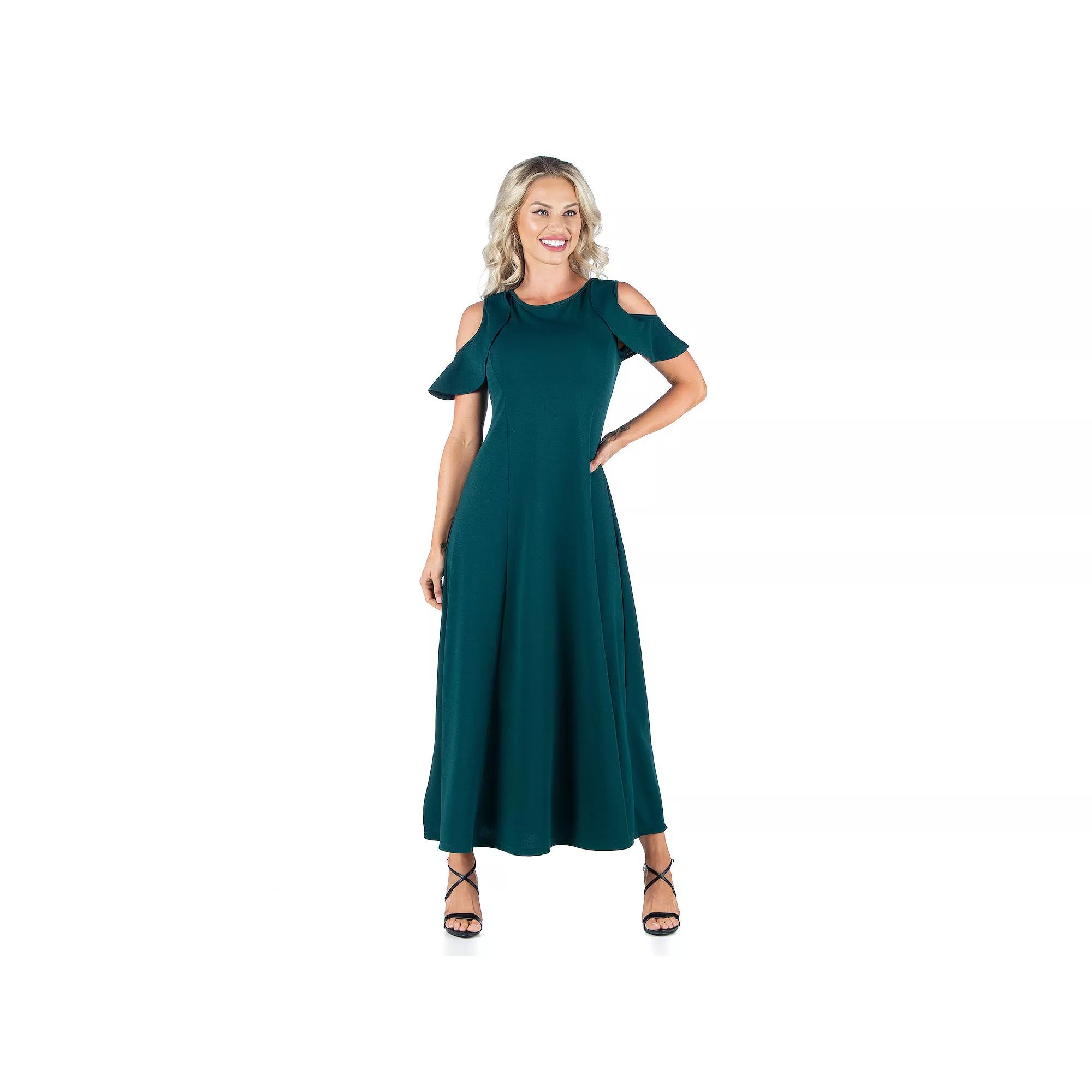 Women's 24seven Comfort Apparel Ruffled Cold Shoulder A-Line Maxi Dress, Size: Large, Green Product Image