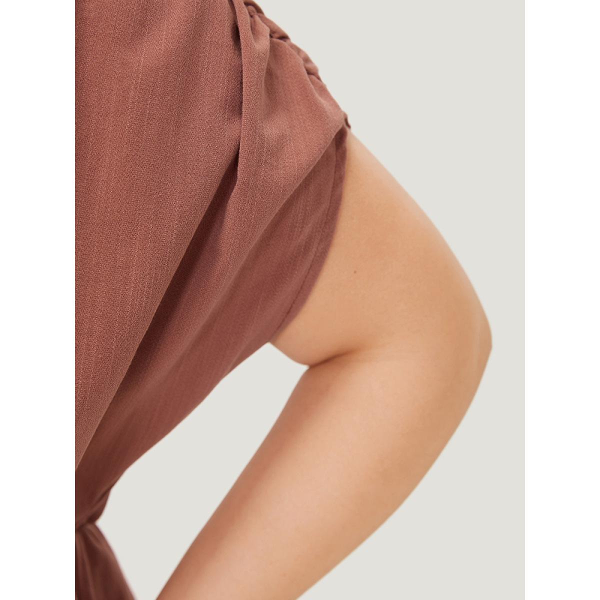 Plus Size Rust Plain Ruched Shoulder Wrap Blouse Women Elegant Short sleeve V-neck Dailywear Blouses BloomChic 12/L Product Image