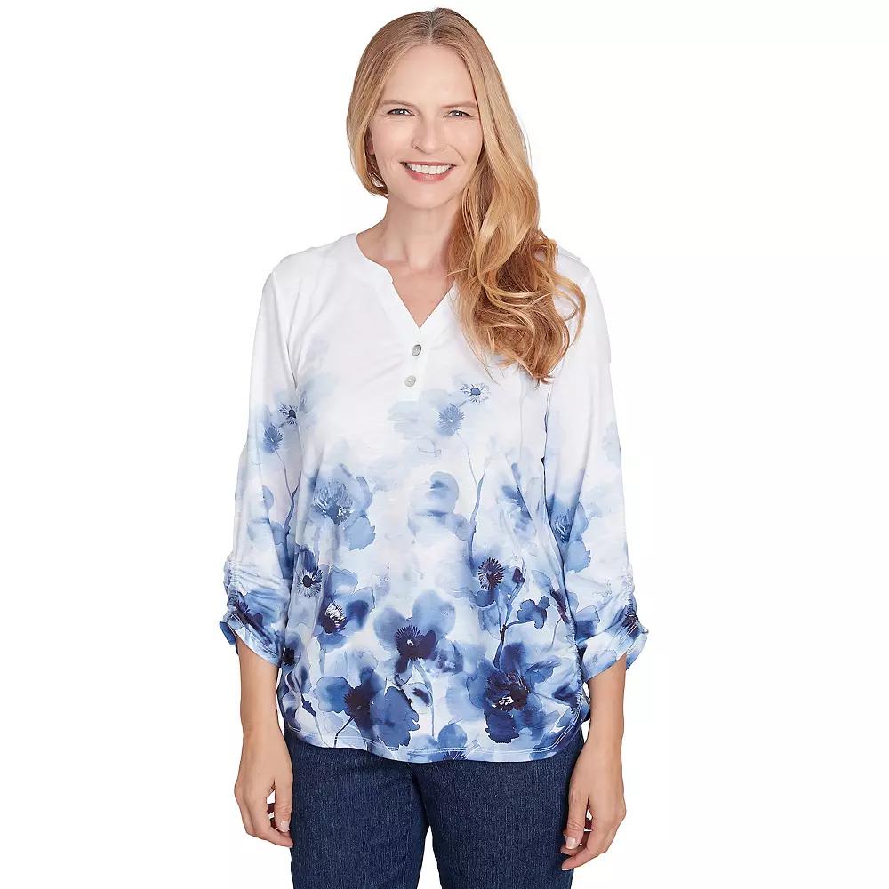 Women's Alfred Dunner Floral Border Ruched Sleeve Henley Top, Size: Medium, Multi Blue Product Image