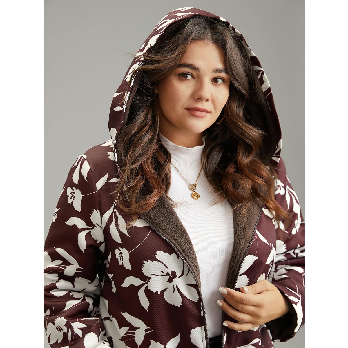 Plus Size Silhouette Floral Print Fuzzy Zipper Hooded Coat Women Scarlet Casual Lined Ladies Dailywear Winter Coats BloomChic 22-24/3X Product Image