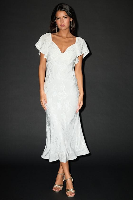 Effervescent Afternoon White Satin Flutter Sleeve Midi Dress Product Image