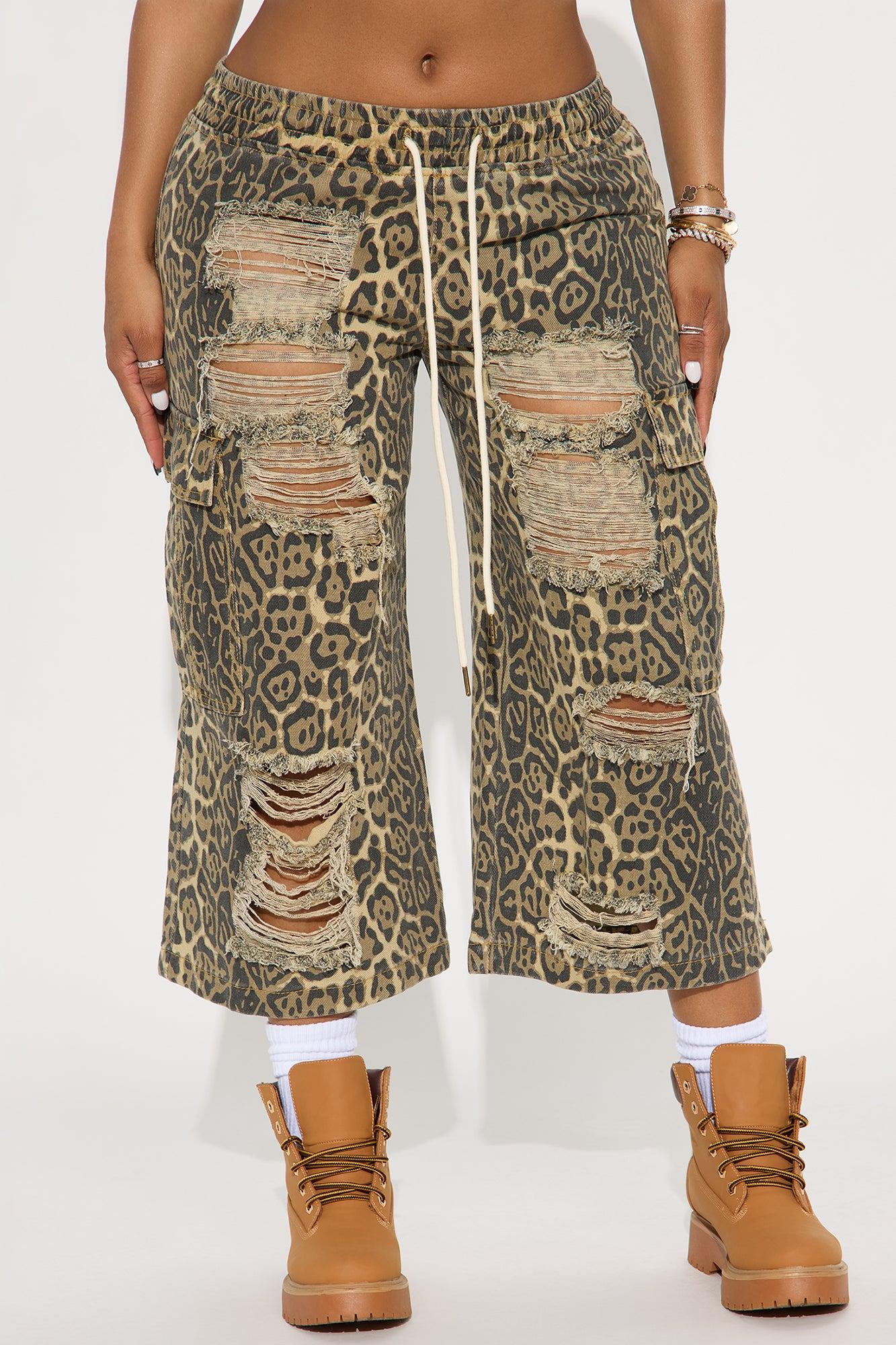 Untamed Leopard Print Wide Leg Jeans  - Brown/combo Female Product Image