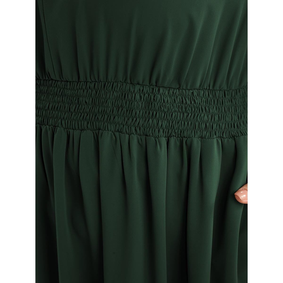 Plus Size Solid Lantern Sleeve Shirred Pocket Lace Trim Ruffle Hem Dress Green Women Elegant Patchwork V-neck Long Sleeve Curvy Midi Dress BloomChic 10/M Product Image