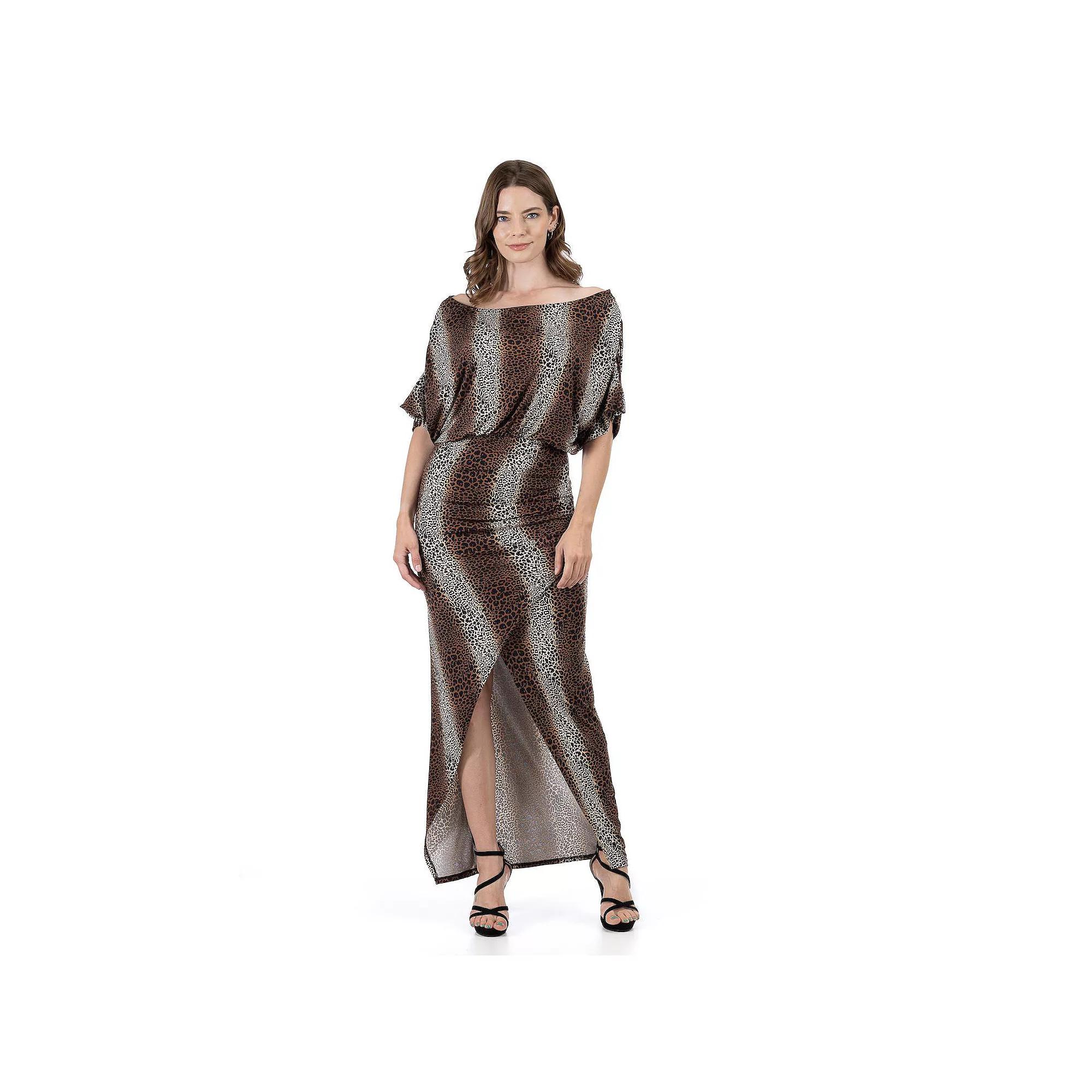 Women's 24Seven Comfort Apparel Long Sleeve Wide Boatneck Side Slit Maxi Dress,  Product Image