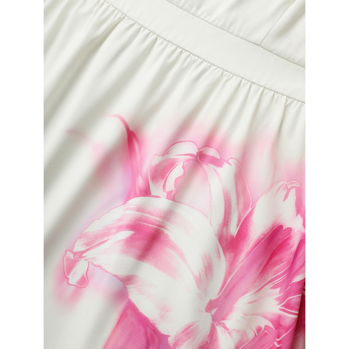 Plus Size Pink Lilies Print Gathered Cami Midi Dress Ivory Women Elegant Gathered Non Sleeveless Curvy BloomChic 30/6X Product Image