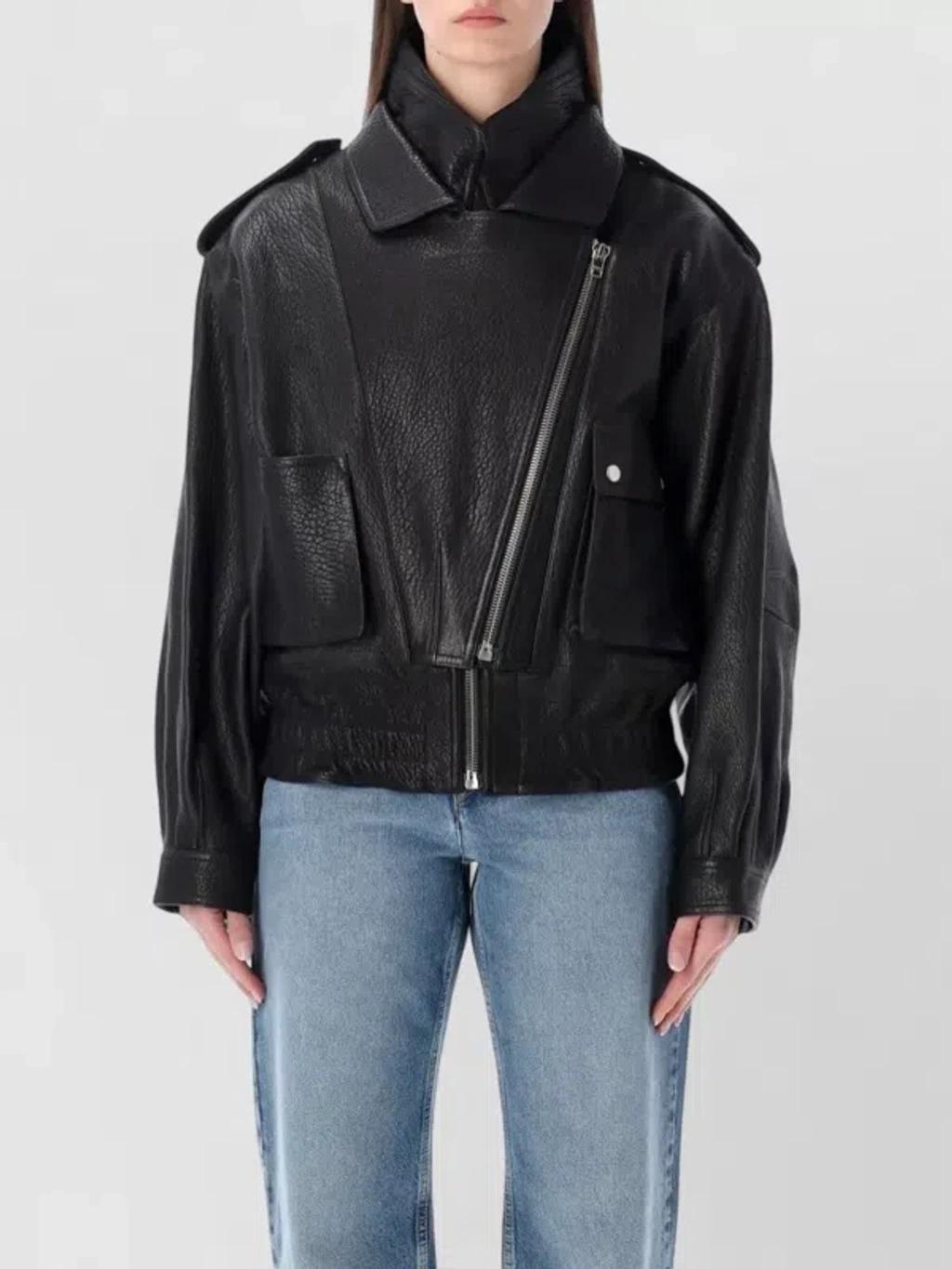 ISABEL MARANT Aneli Double-collar Leather Bomber Jacket In Black Product Image