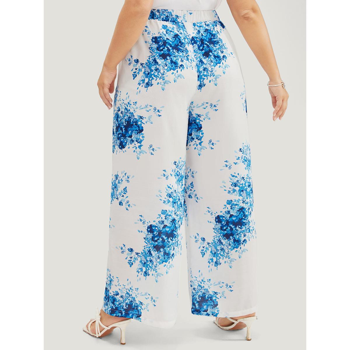 Plus Size Graphic Print Wide Leg Mid Rise Pocket Pants Women Cerulean Elegant Mid Rise Dailywear Pants BloomChic 14-16/1X Product Image