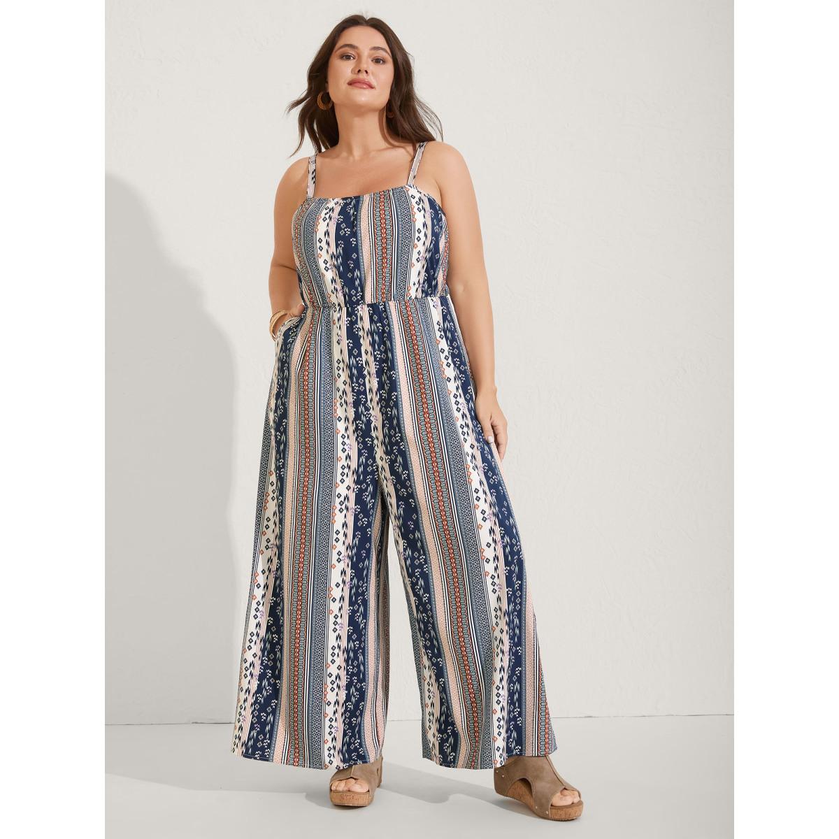 Plus Size Indigo Boho Stripes Stretchy Waist Jumpsuit Women Boho Sleeveless Non Vacation Loose Jumpsuits BloomChic 10/M Product Image