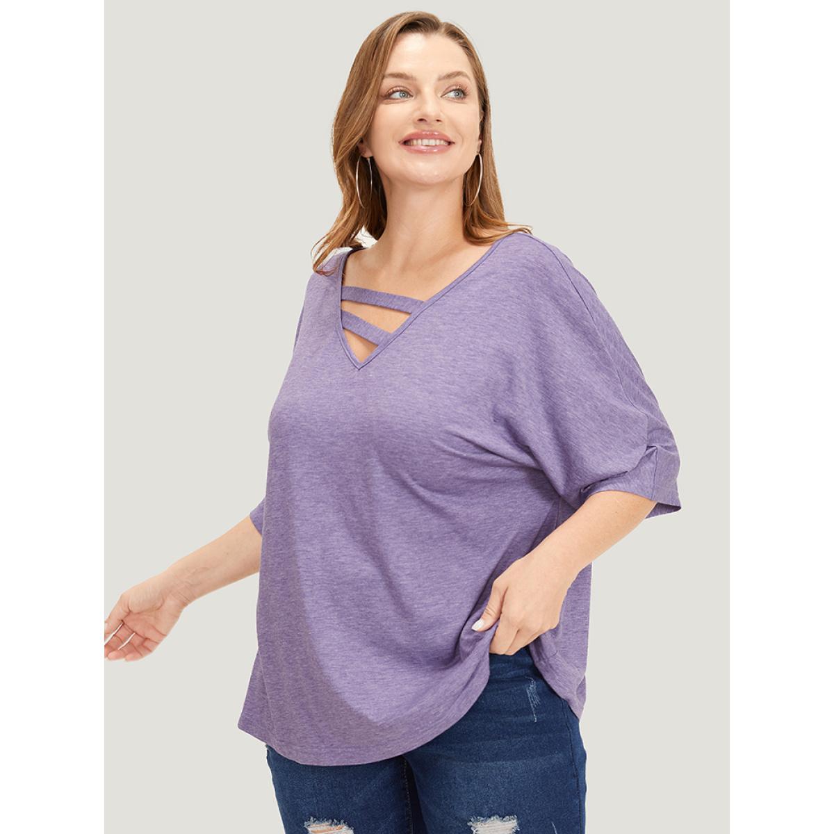 Plus Size Solid Heather Keyhole Neck Dolman Sleeve T-shirt Heather Women Casual Heather Plain V-neck Loose Dailywear T-shirts BloomChic 30/6X Product Image