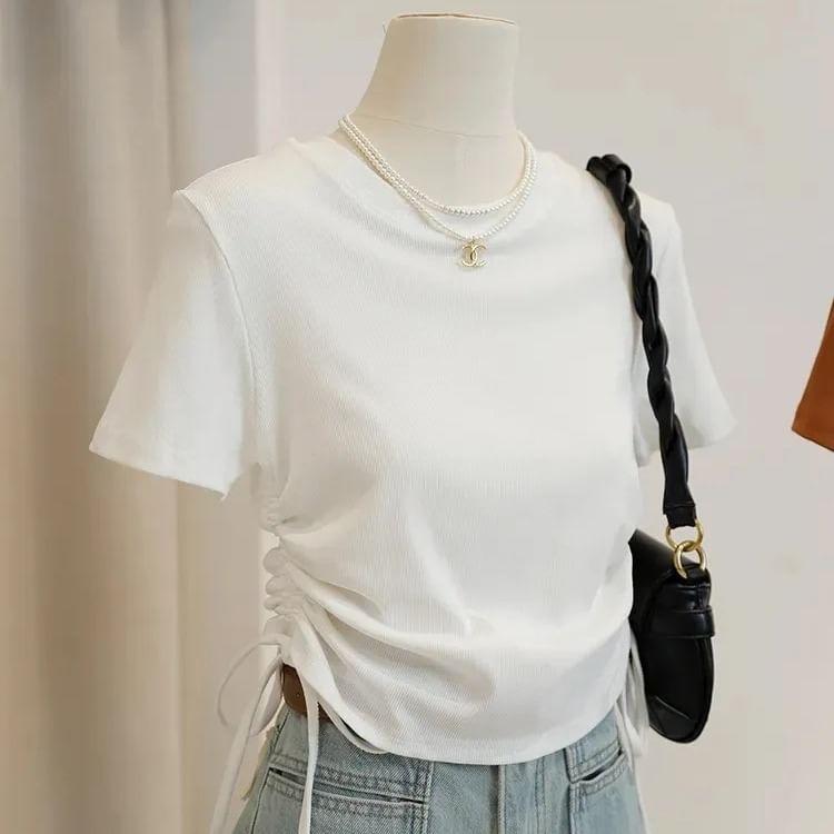 Short-Sleeve Crew Neck Plain Lace Up T-Shirt Product Image